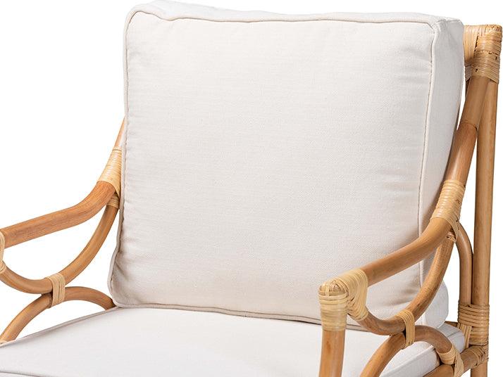 Wholesale Interiors Accent Chairs - Brandon Modern Bohemian White Fabric Upholstered and Natural Brown Rattan Armchair