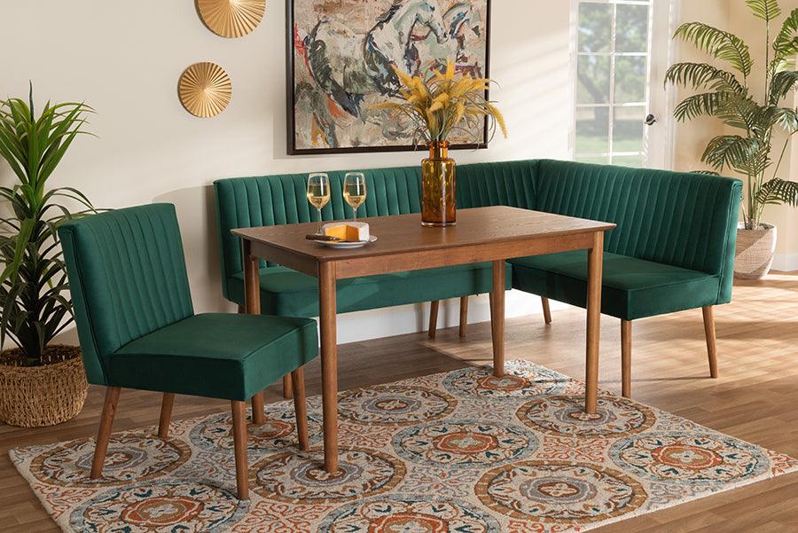 Wholesale Interiors Dining Sets - Alvis Emerald Green Velvet Upholstered and Walnut Brown Finished Wood 4-Piece Dining Nook Set