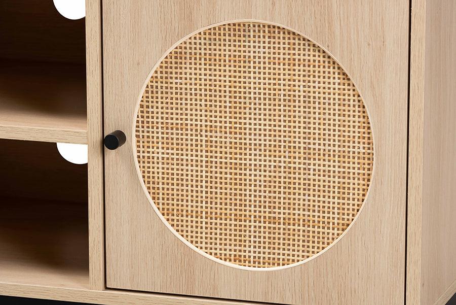 Wholesale Interiors TV & Media Units - Ardon Bohemian Light Brown Wood and Black Metal 2-Door TV Stand with Natural Rattan
