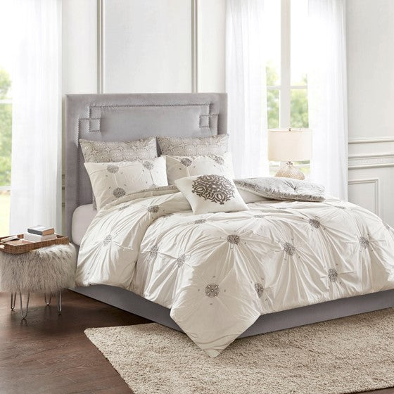 Olliix.com Comforters & Blankets - 6 Piece Embroidered Cotton Reversible Comforter Set Ivory Cal King
