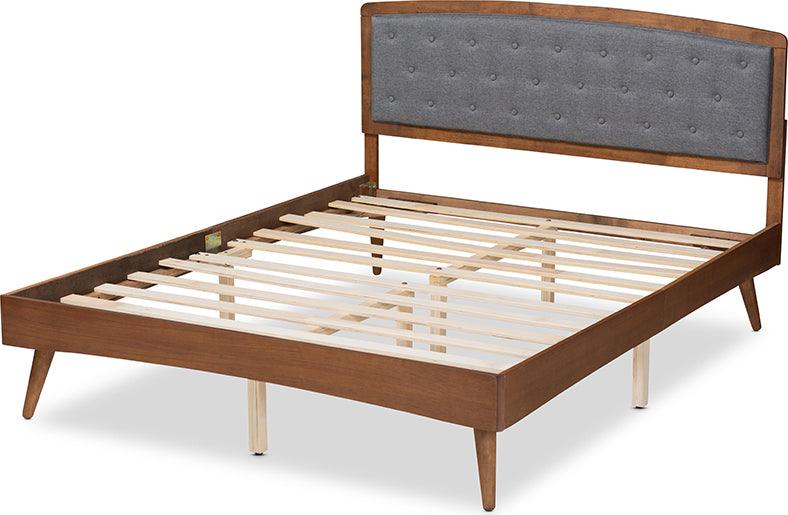 Wholesale Interiors Beds - Ratana Mid-Century Modern Grey Fabric and Brown Wood King Size Platform Bed