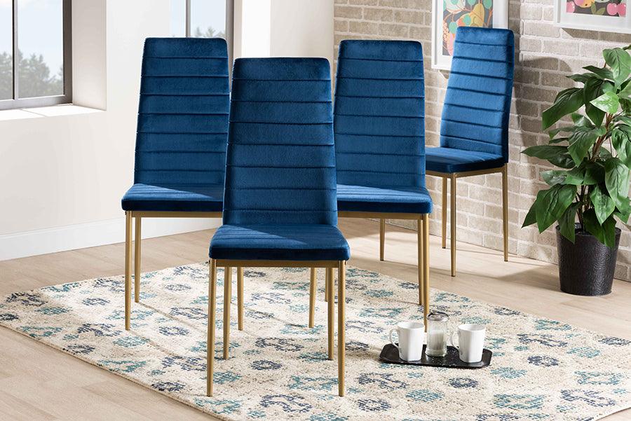 Wholesale Interiors Dining Chairs - Armand Navy Blue Velvet Fabric Upholstered and Gold Finished Metal 4-Piece Dining Chair Set