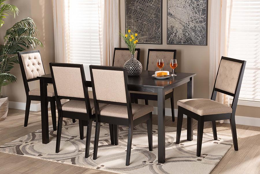 Wholesale Interiors Dining Sets - Suvi Sand Fabric Upholstered and Dark Brown Finished Wood 7-Piece Dining Set