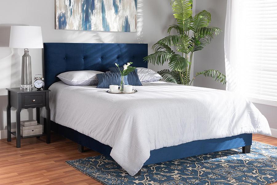 Wholesale Interiors Beds - Caprice Modern and Contemporary Glam Navy Blue Velvet Fabric Upholstered Queen Size Panel Bed