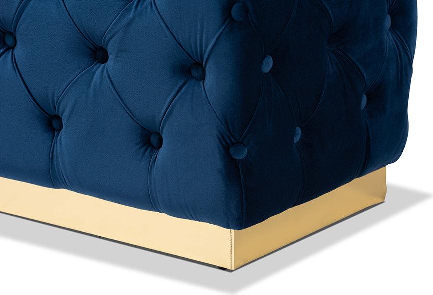 Wholesale Interiors Ottomans & Stools - Corrine Glam and Luxe Navy Blue Velvet Fabric Upholstered and Gold PU Leather Ottoman