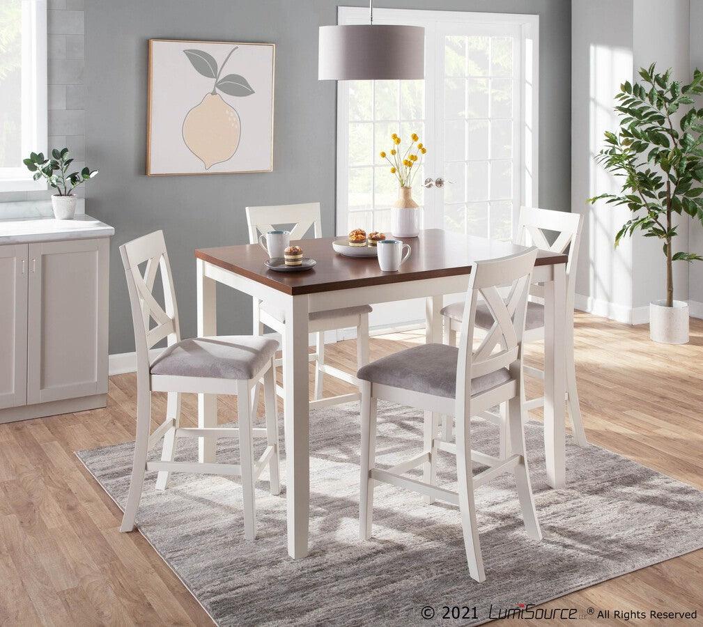 Lumisource Dining Sets - Harper 5-Piece Contemporary Counter Set in White and Brown Wood with Grey Fabric
