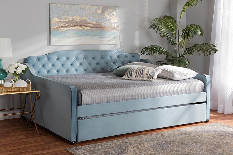 Wholesale Interiors Daybeds - Freda Contemporary Blue Velvet and Button Tufted Queen Size Daybed with Trundle