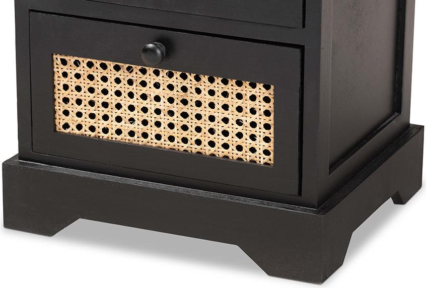 Wholesale Interiors Cabinets & Wardrobes - Dacey Mid-Century Modern Espresso Brown Wood and Rattan 4-Drawer Storage Cabinet