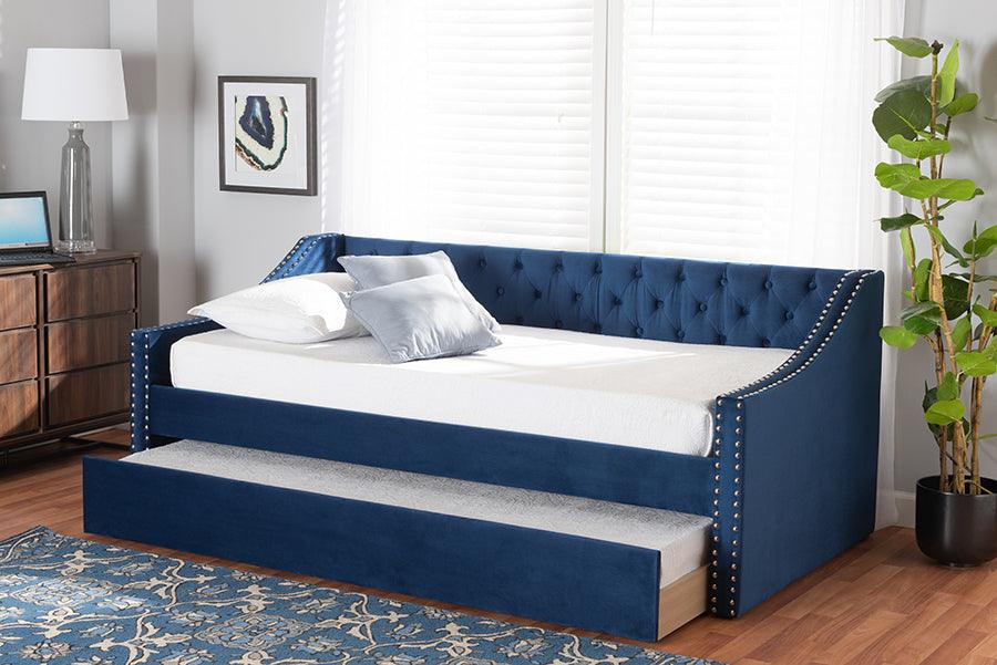 Wholesale Interiors Daybeds - Raphael Navy Blue Velvet Fabric Upholstered Twin Size Daybed with Trundle