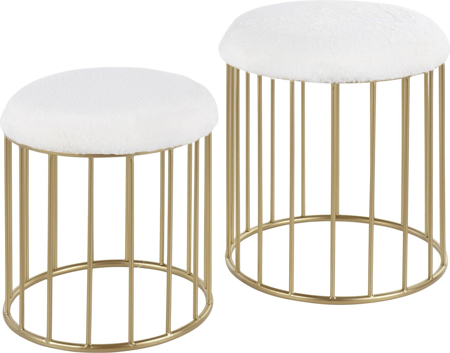 Lumisource Ottomans & Stools - Canary Contemporary Nesting Ottoman Set Gold Metal & White Plush Fabric