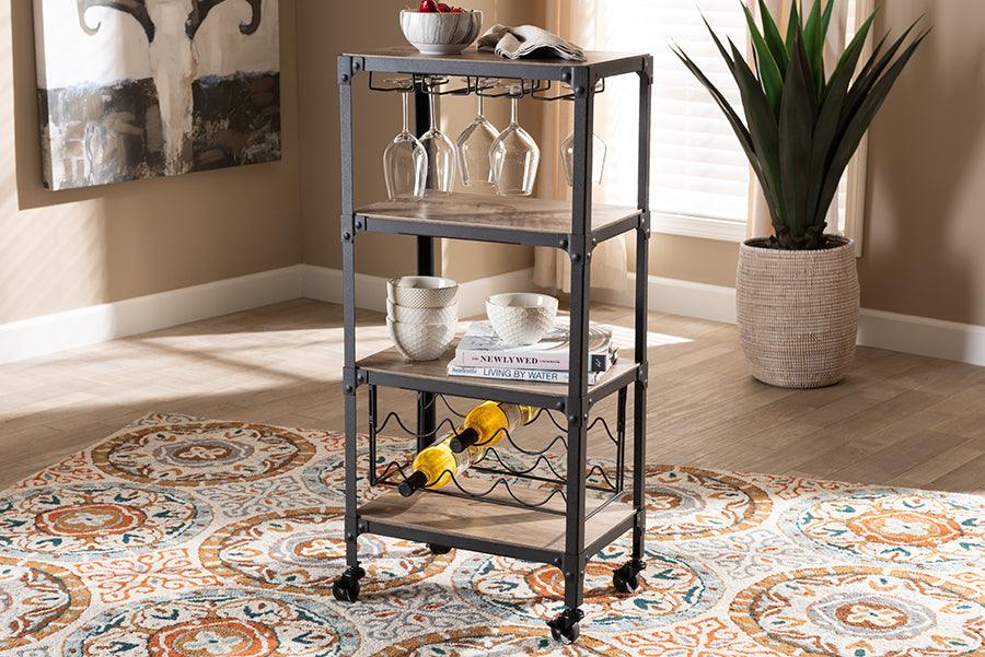 Wholesale Interiors Bar Units & Wine Cabinets - Swanson Antique Black Textured Metal Distressed Oak Finished Wood Mobile Kitchen Bar Wine Cart