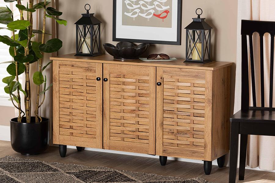 Wholesale Interiors Shoe Storage - Winda Modern and Contemporary Oak Brown Finished Wood 3-Door Shoe Cabinet