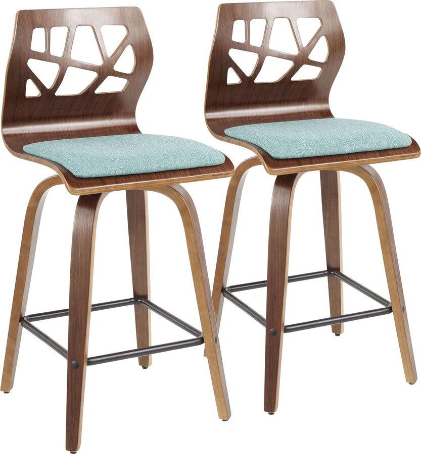 Lumisource Barstools - Folia Mid-Century Modern Counter Stool in Walnut Wood and Teal Fabric - Set of 2
