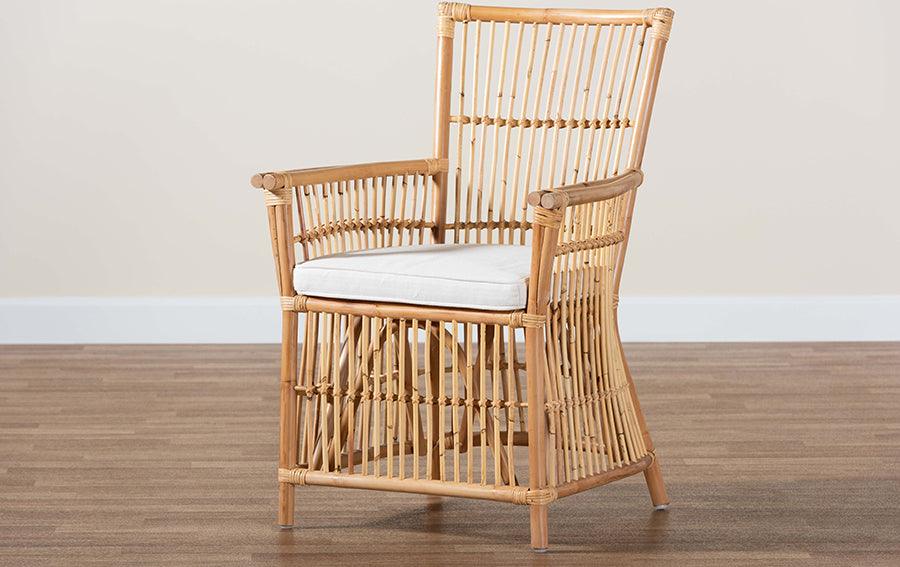 Wholesale Interiors Accent Chairs - Rose Modern Bohemian White Fabric Upholstered and Natural Brown Rattan Armchair