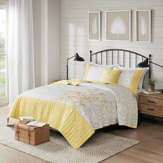 Olliix.com Coverlet - 4 Piece Embroidered Microfiber Quilt Set with Throw Pillow Yellow Cal King