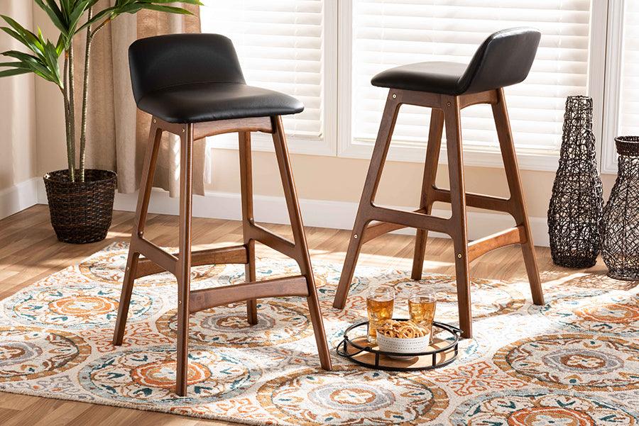 Wholesale Interiors Barstools - Darrin Black Faux Leather Upholstered and Walnut Brown Finished Wood 2-Piece Bar Stool Set