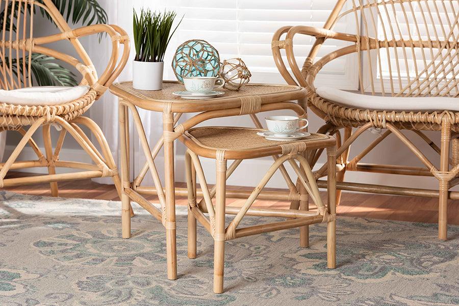 Wholesale Interiors Side & End Tables - Jayden Modern Bohemian Natural Brown Finished Rattan 2-Piece End Table Set
