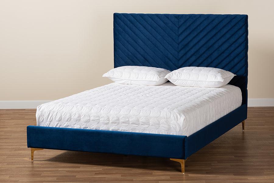 Wholesale Interiors Beds - Fabrico Glam and Luxe Navy Blue Velvet Fabric Upholstered and Gold Metal Queen Size Platform Bed