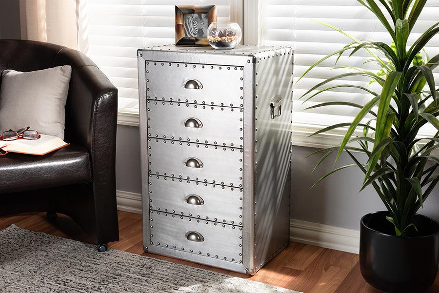 Wholesale Interiors Buffets & Cabinets - Davet French Industrial Silver Metal 5-Drawer Accent Storage Cabinet