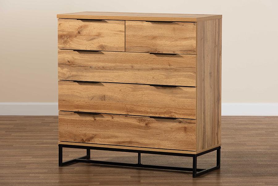 Wholesale Interiors Chest of Drawers - Franklin Oak Finished Wood and Black Finished Metal 5-Drawer Bedroom Chest
