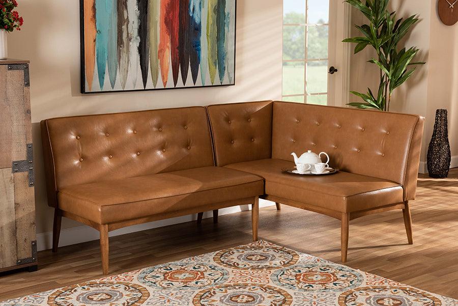 Wholesale Interiors Benches - Arvid Mid-Century Modern Tan Faux Leather and Brown 2-Piece Wood Dining Banquette Set