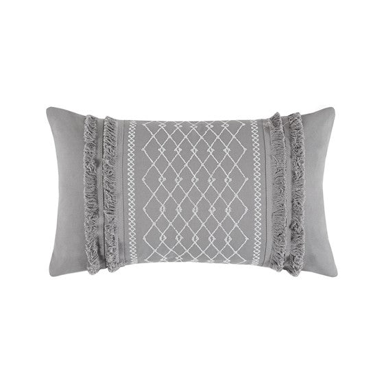 Olliix.com Pillows & Throws - Embroidered Cotton Oblong Pillow with Tassels Grey