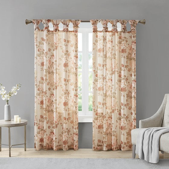 Printed Floral Twist Tab Top Voile Sheer Curtain Blush
