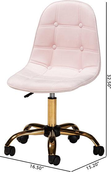 Wholesale Interiors Task Chairs - Kabira Contemporary Glam and Luxe Blush Pink Velvet Fabric and Gold Metal Swivel Office chair