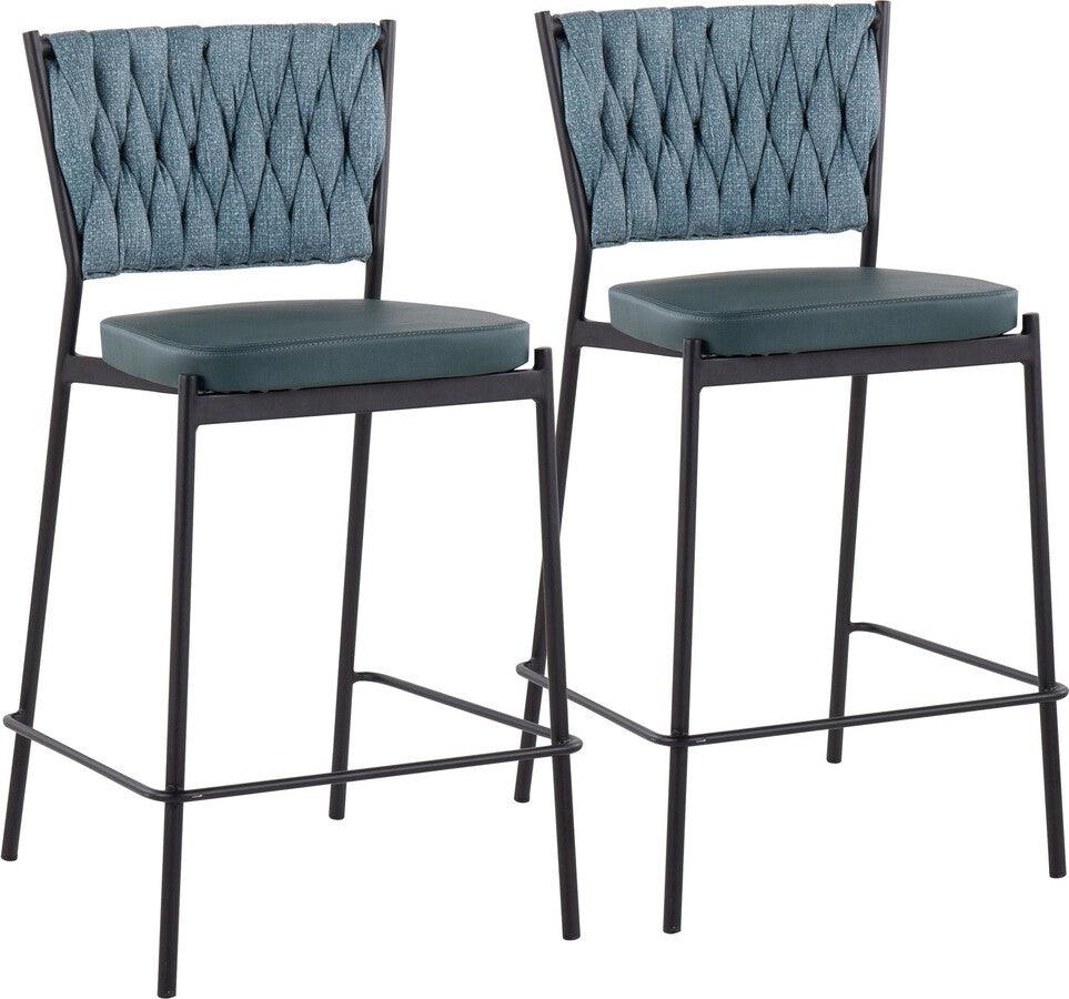 Lumisource Barstools - Braided Tania Counter Stool In Black Metal, Green Faux Leather, & Sea Green Fabric (Set of 2)