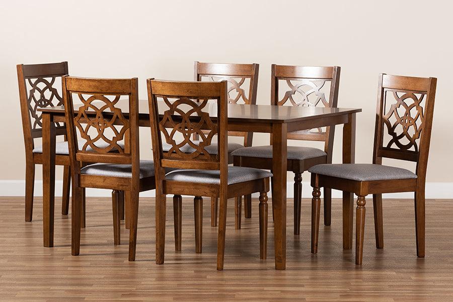Wholesale Interiors Dining Sets - Renaud Grey Fabric Upholstered and Walnut Brown Finished Wood 7-Piece Dining Set