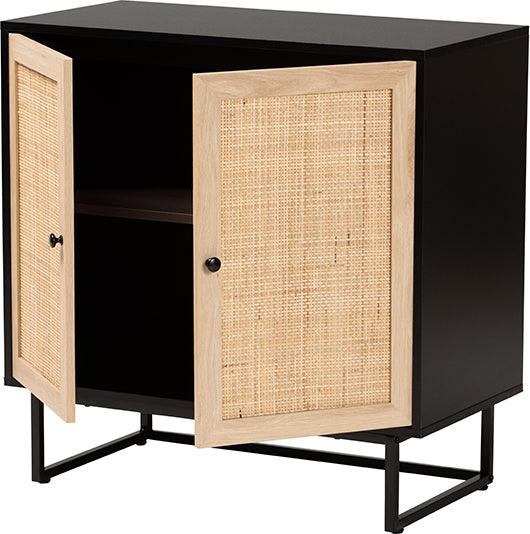 Wholesale Interiors Buffets & Cabinets - Declan Mid-Century Modern Espresso Brown Finished Wood and Natural Rattan 2-Door Storage Cabinet