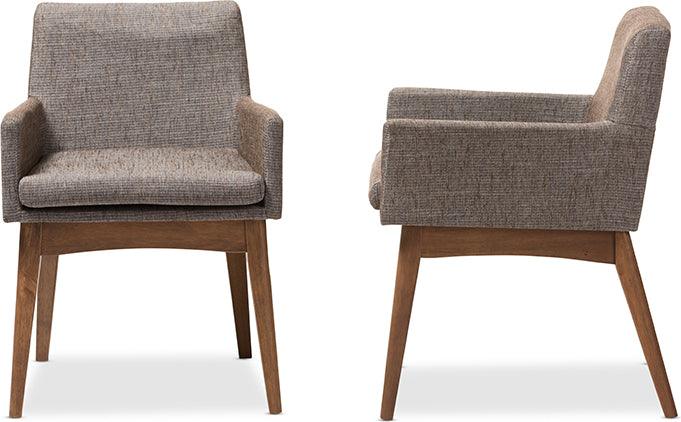 Wholesale Interiors Dining Chairs - Nexus Mid-Century Modern Walnut Wood and Gravel Fabric Arm Chair (Set of 2)