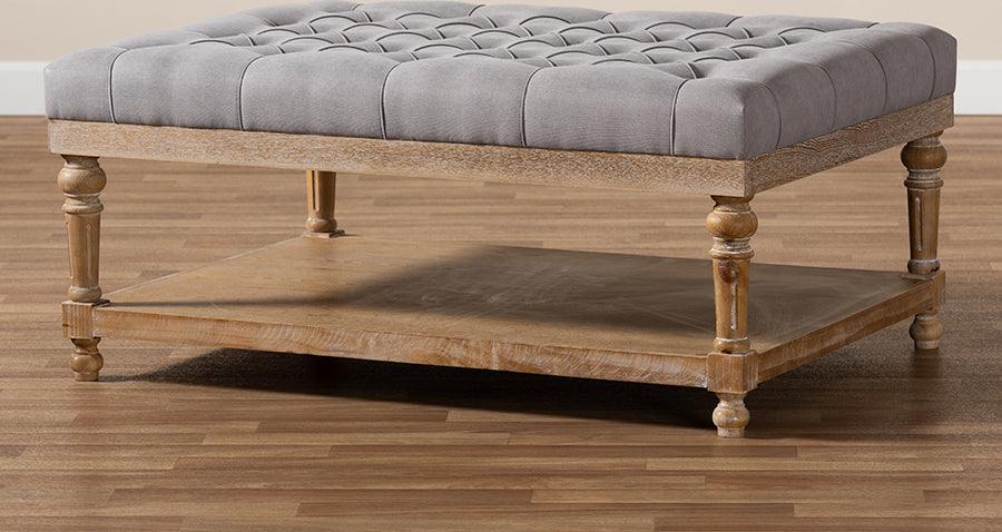 Wholesale Interiors Ottomans & Stools - Lindsey Modern and Rustic Grey Linen Fabric and Greywashed Wood Cocktail Ottoman
