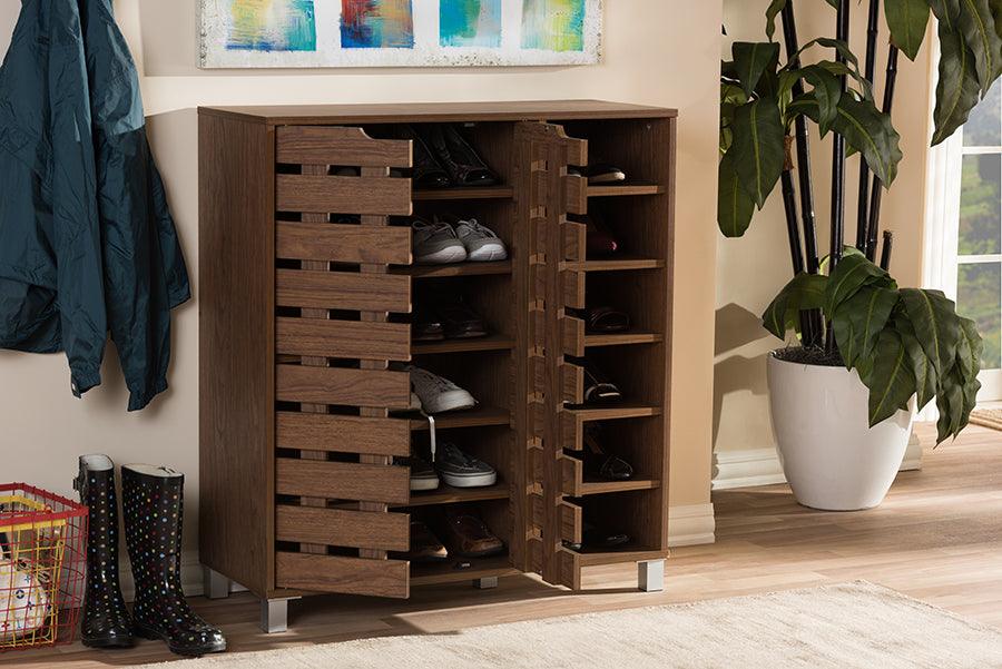 Wholesale Interiors Shoe Storage - Shirley Contemporary Walnut Medium Brown Wood 2-Door Shoe Cabinet with Open Shelves