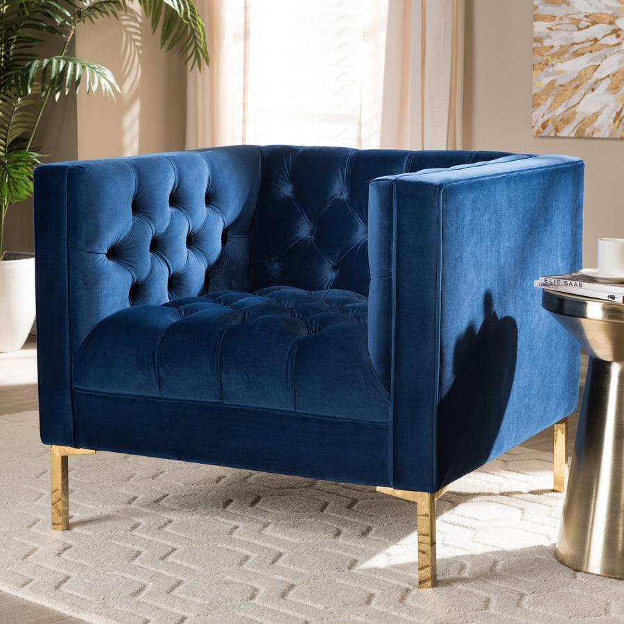 Wholesale Interiors Accent Chairs - Zanetta Luxe and Glamour Navy Velvet Upholstered Gold Finished Lounge Chair