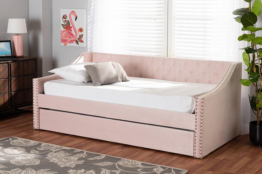 Wholesale Interiors Daybeds - Raphael Pink Velvet Fabric Upholstered Twin Size Daybed with Trundle