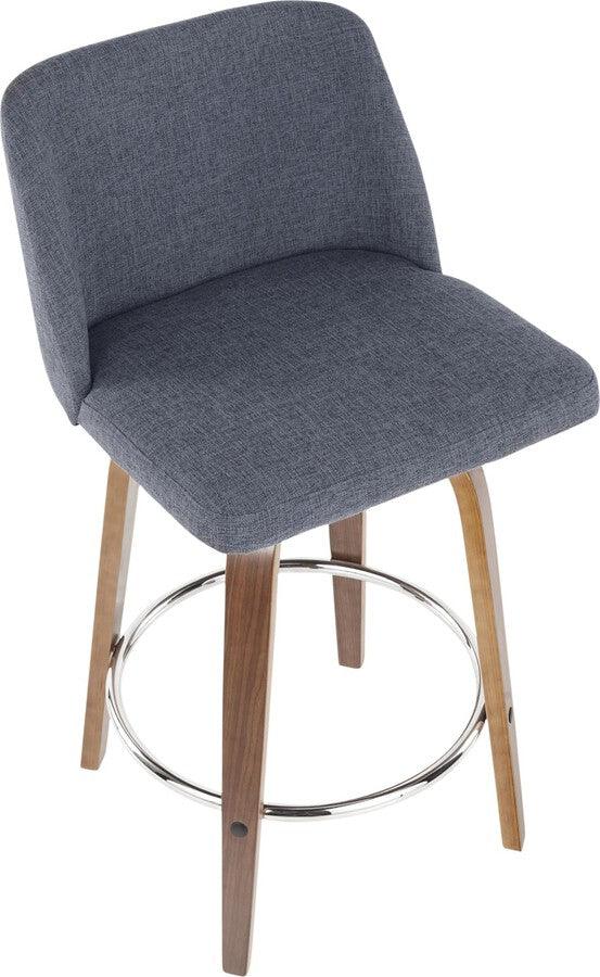 Lumisource Barstools - Toriano Mid-Century Counter Stool Walnut and Blue Fabric - Set of 2