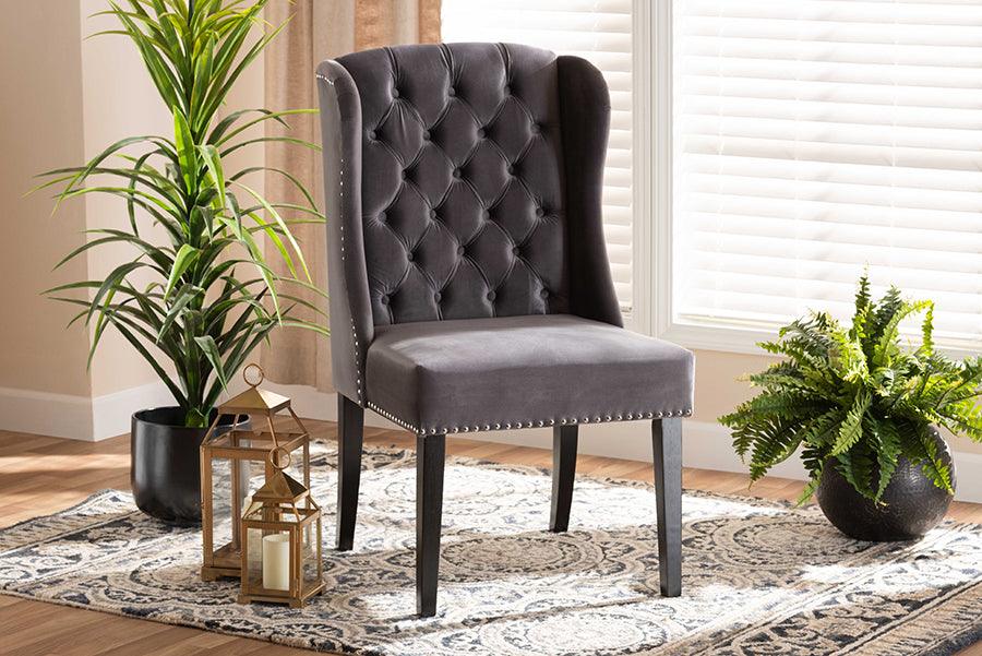 Wholesale Interiors Dining Chairs - Lamont Grey Velvet Fabric Upholstered and Dark Brown Finished Wood Wingback Dining Chair