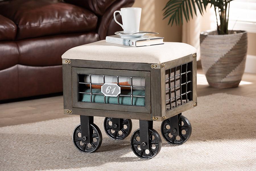 Wholesale Interiors Ottomans & Stools - Harley Transitional Beige Fabric and Black Metal 1-Drawer Wheeled Storage Ottoman