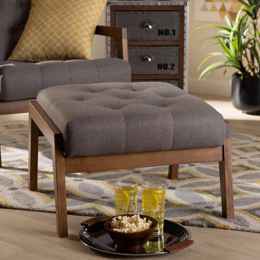 Wholesale Interiors Ottomans & Stools - Naeva Mid-Century Modern Gray Fabric Upholstered Walnut Finished Wood Footstool