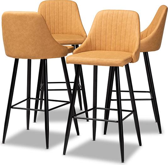 Wholesale Interiors Barstools - Walter Mid-Century Contemporary Tan Faux Leather Upholstered and Black Metal 4-Piece Bar Stool Set