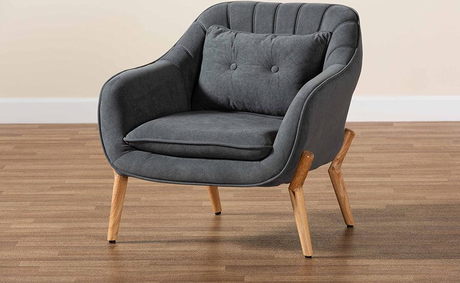 Wholesale Interiors Accent Chairs - Valentina Grey Velvet Fabric Upholstered and Natural Wood Finished Armchair