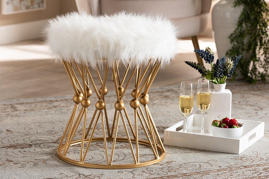 Wholesale Interiors Ottomans & Stools - Leonie Glam and Luxe White Faux Fur Upholstered Gold Finished Metal Ottoman