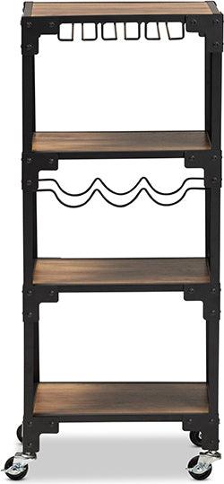 Wholesale Interiors Bar Units & Wine Cabinets - Victor Industrial Rustic Walnut Finished Wood and Black Metal 4-Tier Mobile Wine Cart