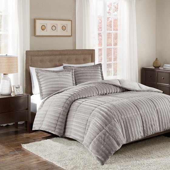Olliix.com Comforters & Blankets - Faux Fur Comforter Mini Set Grey Cal King