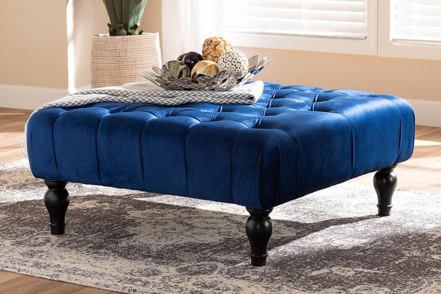 Wholesale Interiors Ottomans & Stools - Keswick Transitional Blue Velvet Fabric Upholstered Button Tufted Cocktail Ottoman
