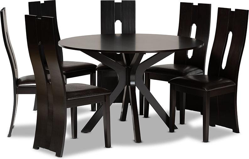 Wholesale Interiors Dining Sets - Kenyon Dark Brown Faux Leather Upholstered and Dark Brown Finished Wood 7-Piece Dining Set