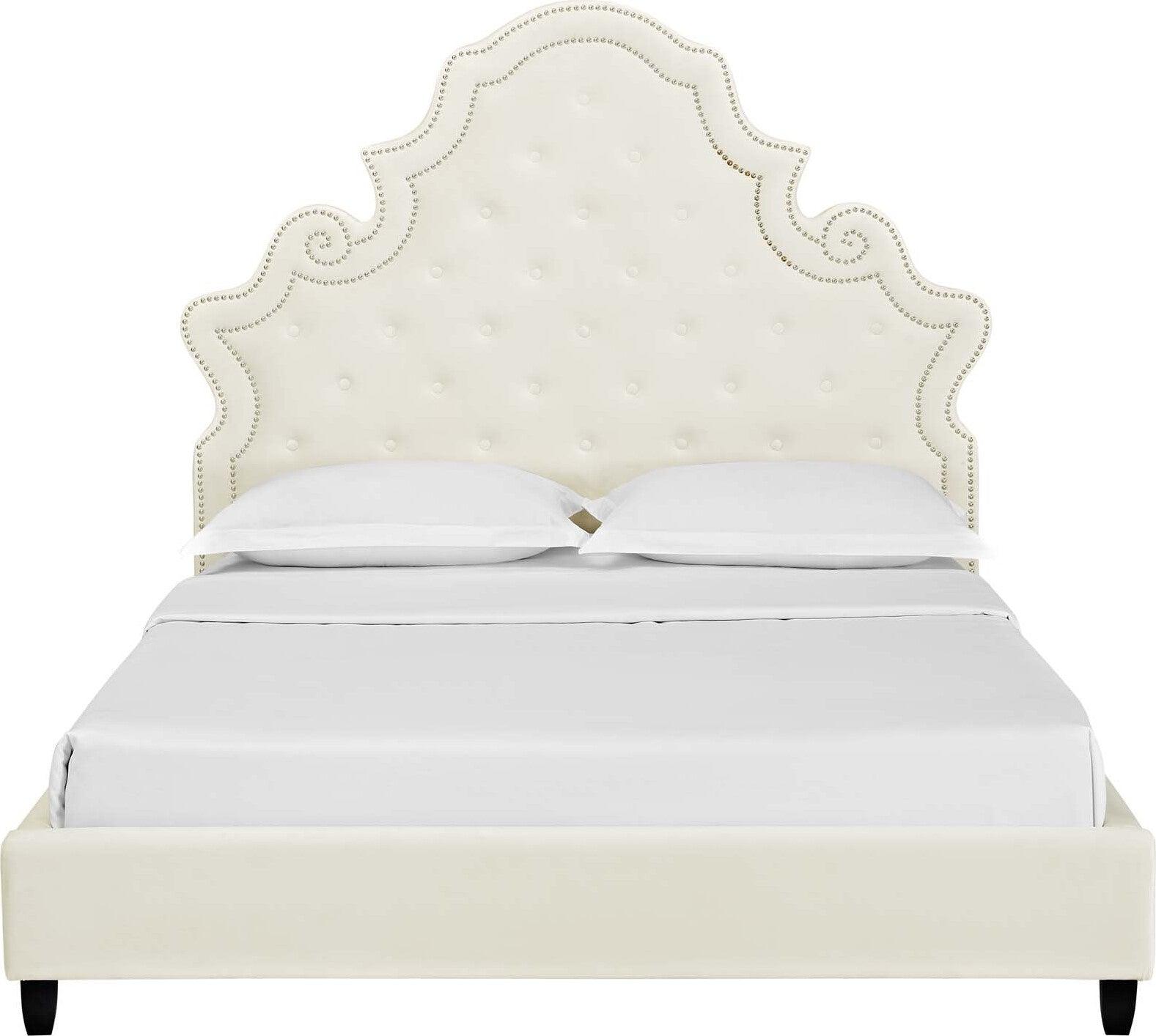 Modway Beds - Valentina Queen Tufted Nailhead Performance Velvet Platform Bed Ivory