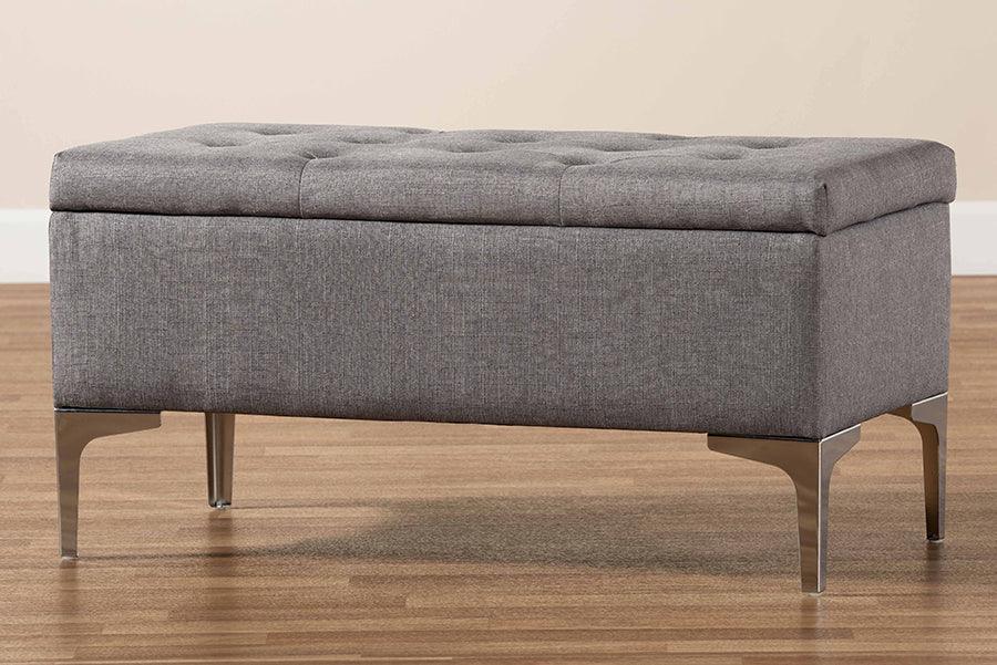 Wholesale Interiors Ottomans & Stools - Mabel Grey Fabric Upholstered and Silver Finished Metal Storage Ottoman