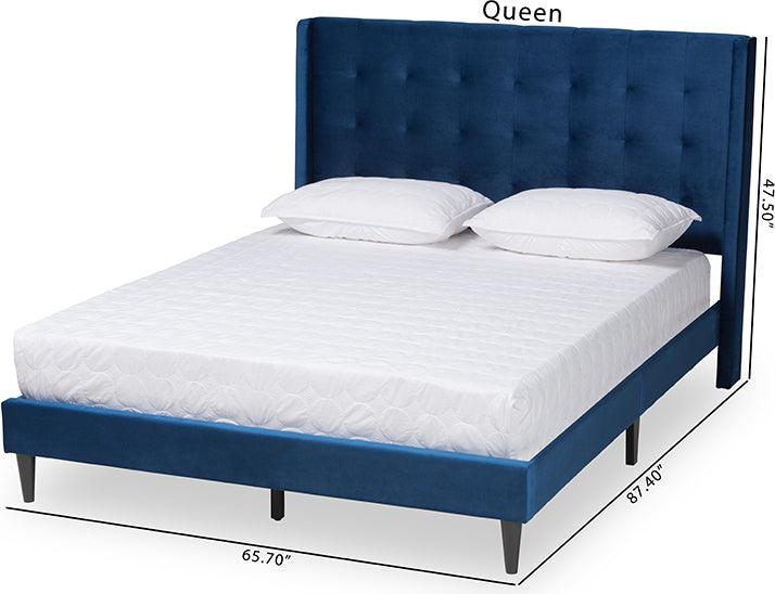 Wholesale Interiors Beds - Gothard Navy Blue Velvet Fabric Upholstered and Dark Brown Finished Wood Queen Size Platform Bed